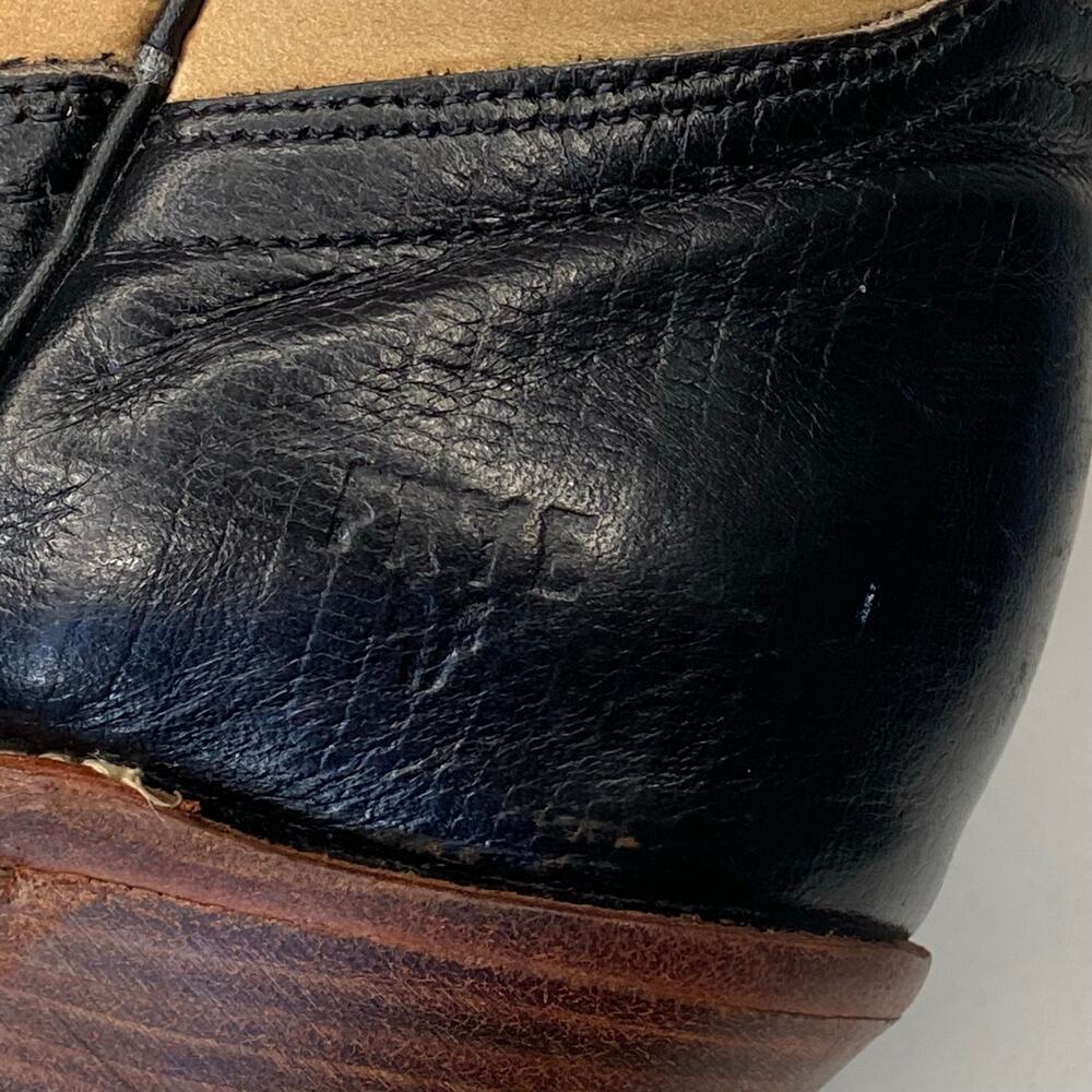 Frye Longhorn Inlay Leather Cowgirl Boots Sz 7.5 Black Tan Leather Vintage - Picture 12 of 16